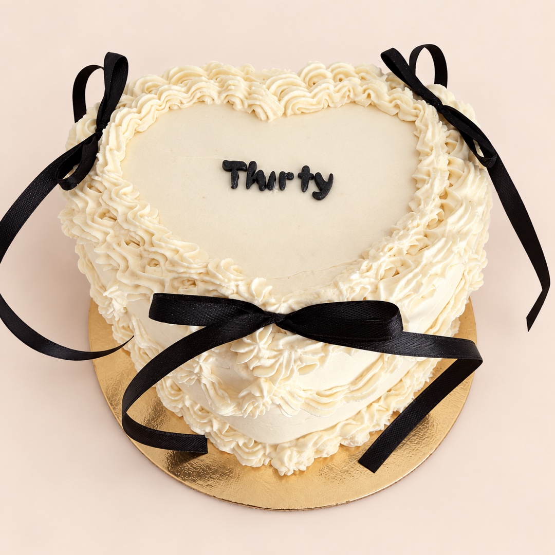 Tarta personalizada blanca con forma de corazón y lazos negros