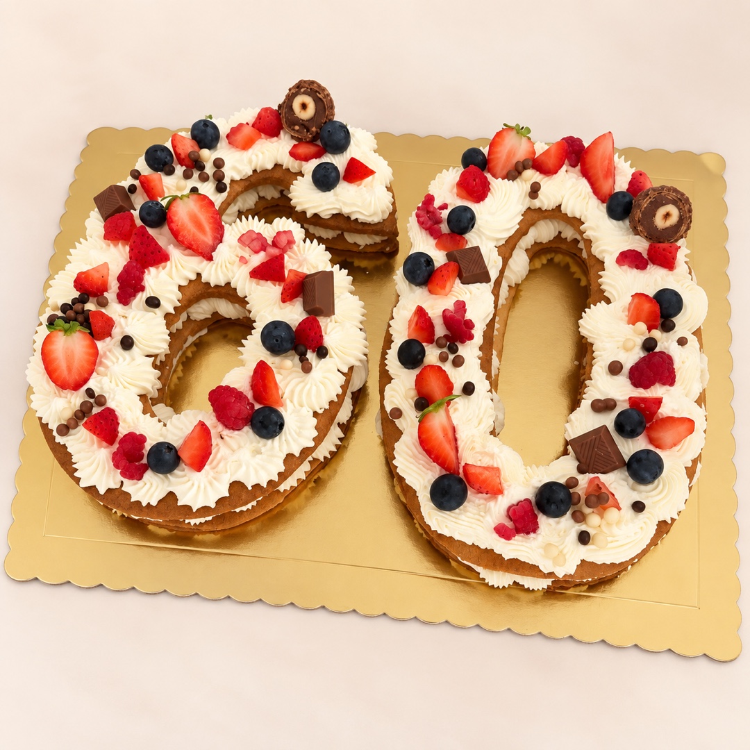 Tarta personalizada con dos números decorados con crema, frutas y chocolate