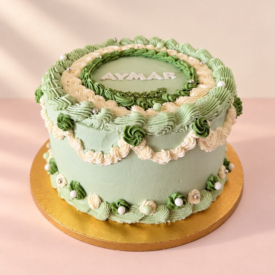 Tarta personalizada extra grande en tonos verdes con decoración de crema