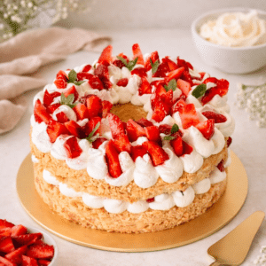 Con una textura súper liviana y esponjosa. Visualmente es un bizcocho blanco debido a que es a base de claras de huevo. Rellena de crema y fresas le da un sabor liviano y súper fresco!