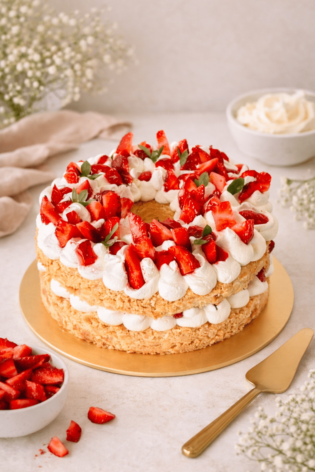 Con una textura súper liviana y esponjosa. Visualmente es un bizcocho blanco debido a que es a base de claras de huevo. Rellena de crema y fresas le da un sabor liviano y súper fresco!