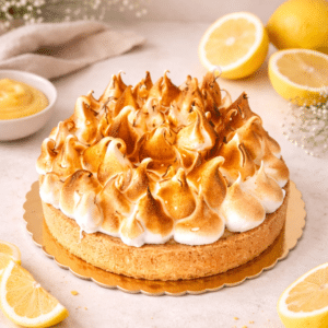 Deléitate con nuestra exquisita tartaleta elaborada con una delicada masa sable, rellena de una irresistible crema de limón y coronada con un merengue Suizo suavemente tostado.