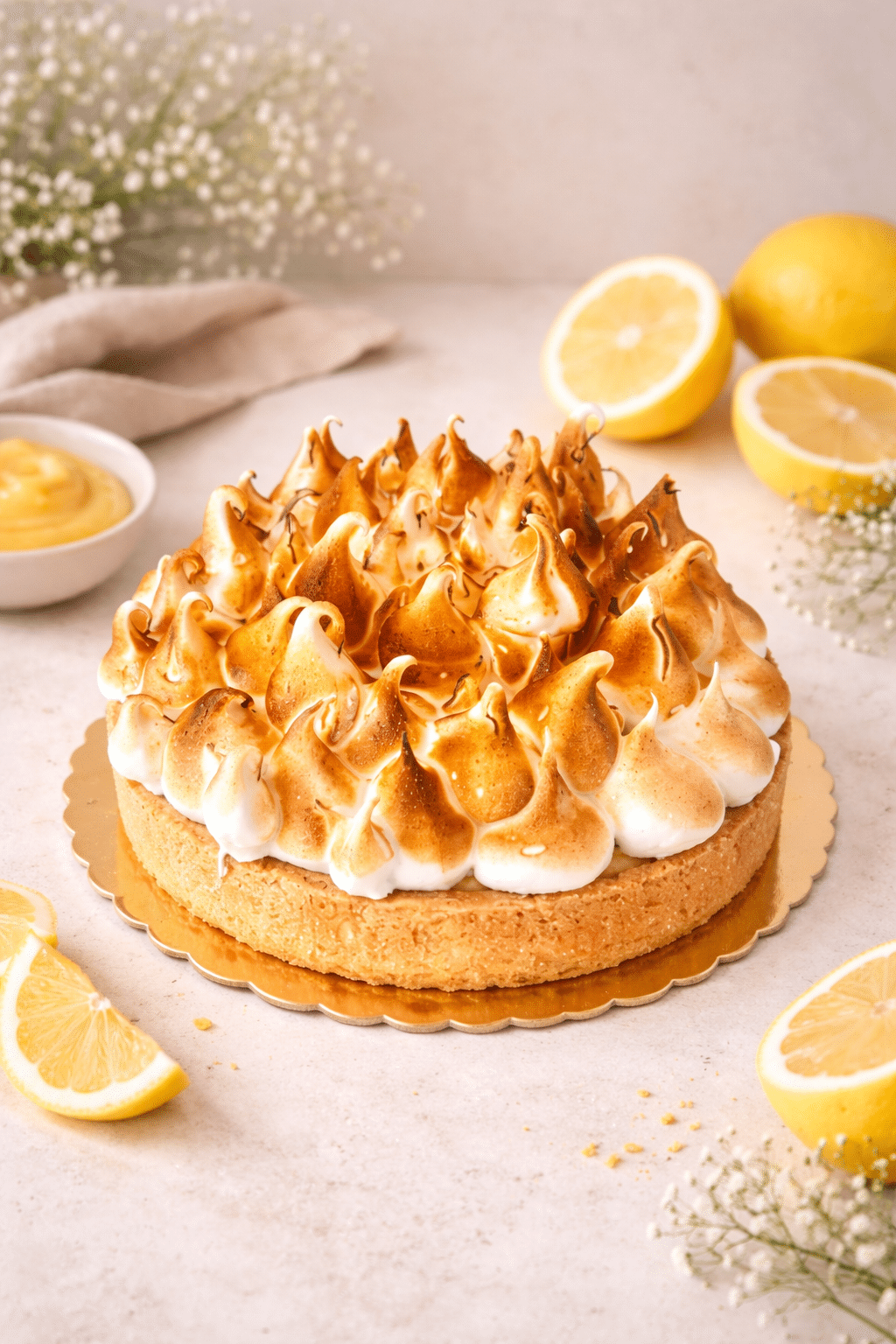 Deléitate con nuestra exquisita tartaleta elaborada con una delicada masa sable, rellena de una irresistible crema de limón y coronada con un merengue Suizo suavemente tostado.