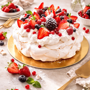 Es una tarta elaborado a base de merengue crujiente por fuera y muy suave y ligero por dentro con su relleno de nata. Y cubierta de muchos frutos rojos naturales que le dan un toque de frescor perfecto.