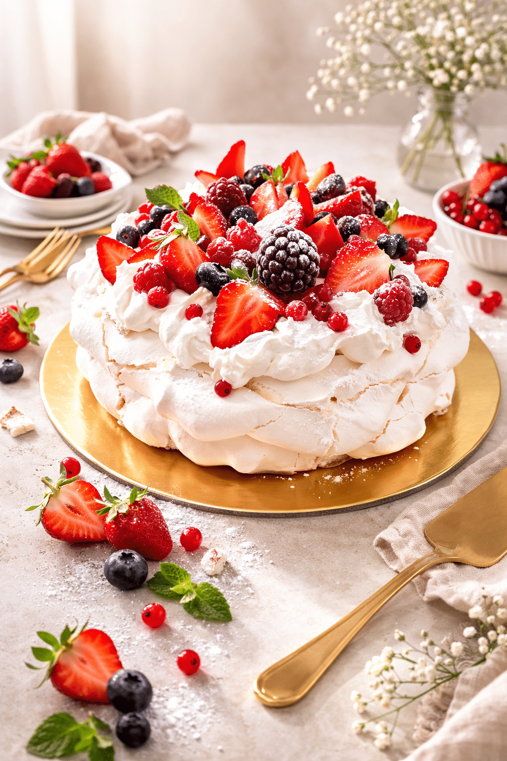 Es una tarta elaborado a base de merengue crujiente por fuera y muy suave y ligero por dentro con su relleno de nata. Y cubierta de muchos frutos rojos naturales que le dan un toque de frescor perfecto.