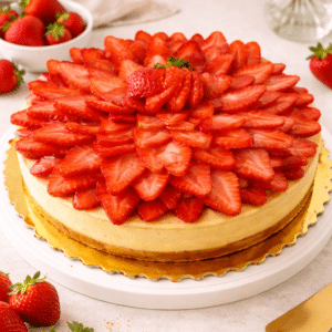 Elaborada sobre una base de tarta fina y crujiente con un relleno de crema pastelera, la cual le brinda un sabor dulce y cremoso y al estar cubierta por frescas fresas hace que está tarta sea suave, fresca y deliciosa.
