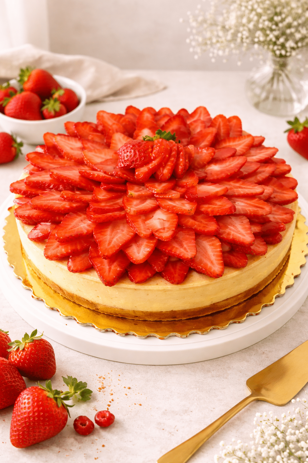 Elaborada sobre una base de tarta fina y crujiente con un relleno de crema pastelera, la cual le brinda un sabor dulce y cremoso y al estar cubierta por frescas fresas hace que está tarta sea suave, fresca y deliciosa.