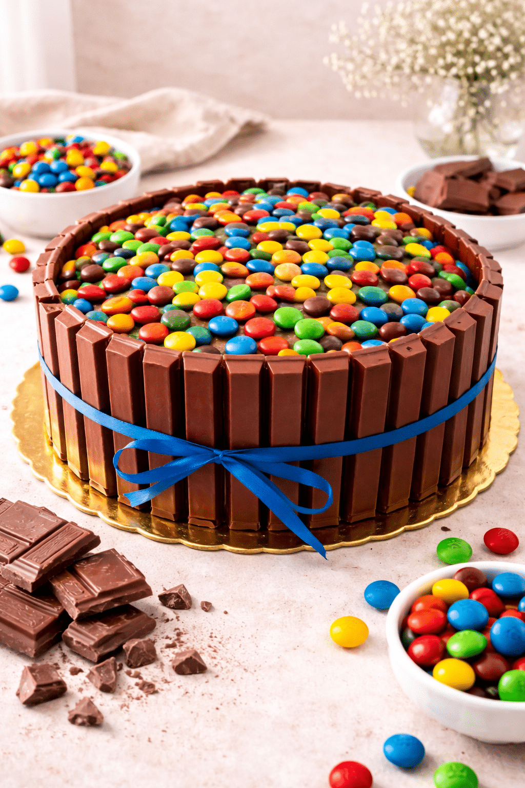Bizcocho de Chocolate, húmedo y esponjoso relleno con dulce de leche. Recubierta de Chocolate KitKat y M&M.