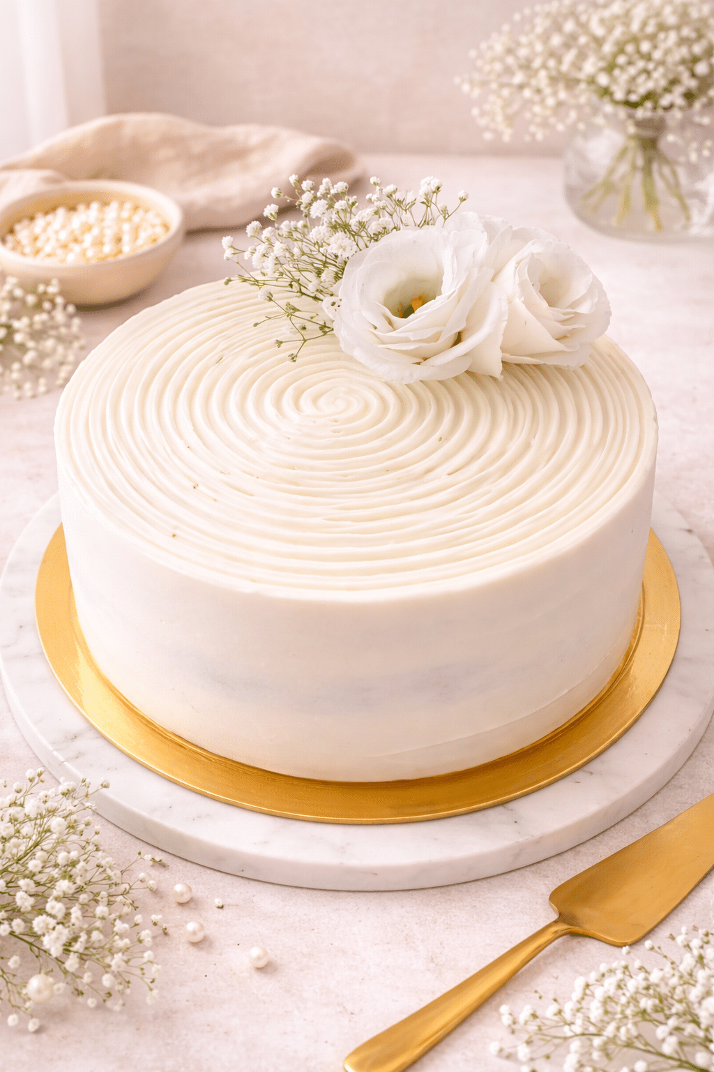 Bizcocho de Vainilla, húmedo y esponjoso relleno y decorada con una crema de queso suave y cremoso, que hacen una combinación exquisita. Esta tarta lleva como decoración un pequeño arreglo floral natural (según la estación del año varian las flores)
