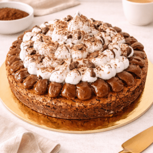 Bizcocho de chocolate 75% con nueces, una combinación perfecta de textura y sabor. Crocante por fuera y cremoso por dentro. Con una cubierta de merengue e hilos de chocolate.