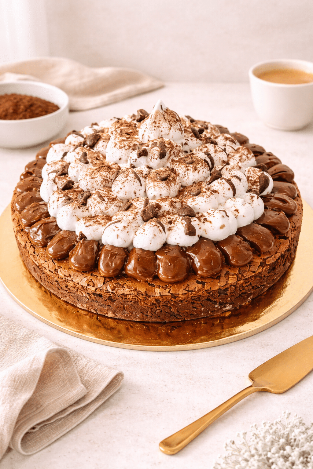 Bizcocho de chocolate 75% con nueces, una combinación perfecta de textura y sabor. Crocante por fuera y cremoso por dentro. Con una cubierta de merengue e hilos de chocolate.