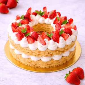 Disfruta de nuestro delicioso pastel de bizcocho blanco, conocido por su textura increíblemente ligera y esponjosa, resultado de estar hecho principalmente con claras de huevo. Relleno de una suave crema y fresas frescas