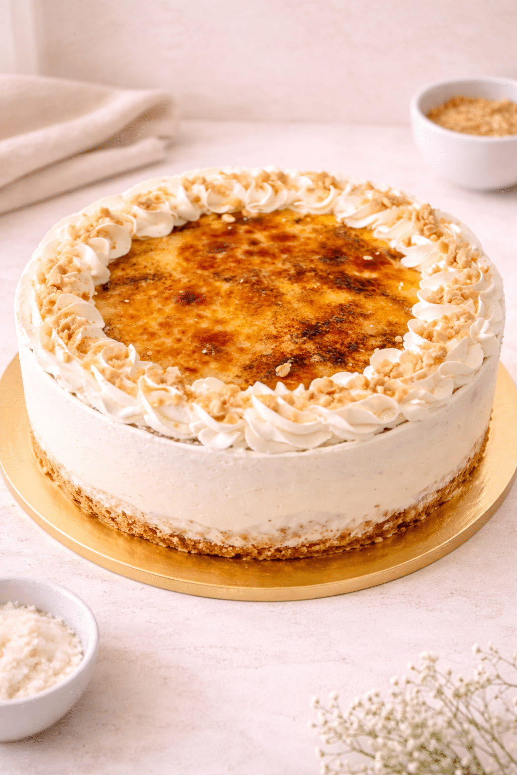 La Tarta San Marco combina un bizcocho genovés de vainilla con relleno de nata y trufa, cubierta con yema tostada y láminas de almendra. Clásica, elegante y deliciosa.