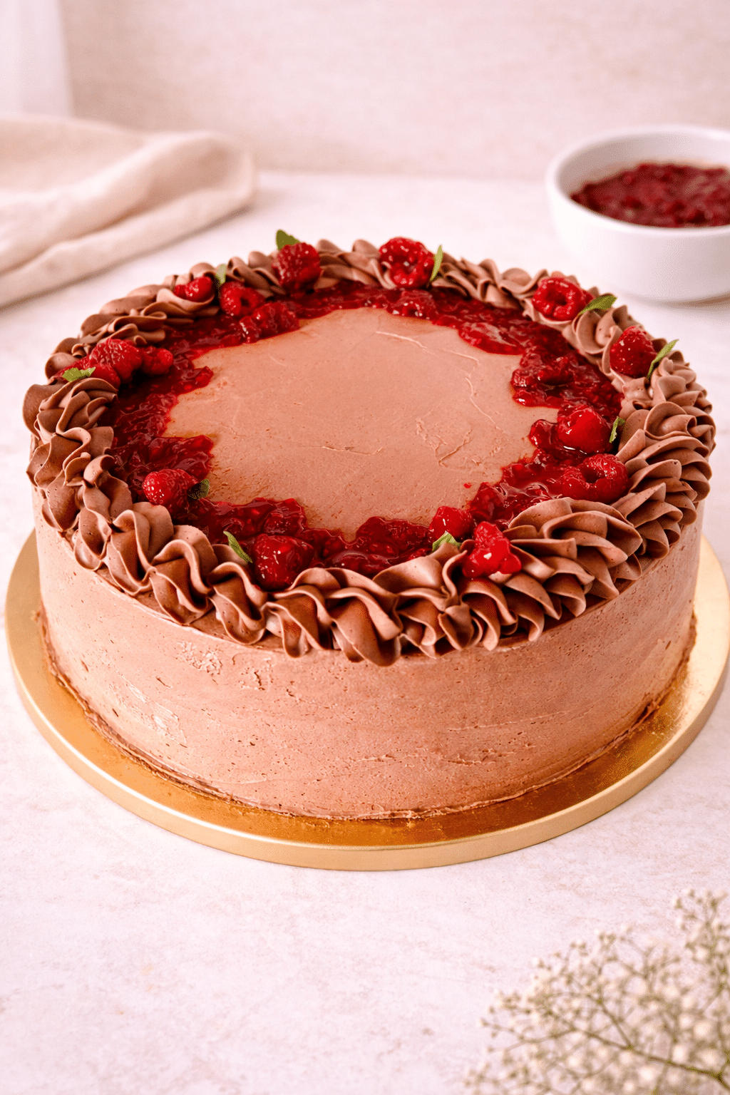 Una tarta intensa y elegante: suave bizcocho de chocolate, frambuesas frescas y una ganache de chocolate brillante que la cubre por completo. El equilibrio ideal entre dulzura y acidez.