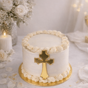 Cruz dorada metálica para decorar el frontal de la tarta, ideal para comunión, confirmación o evento religioso.