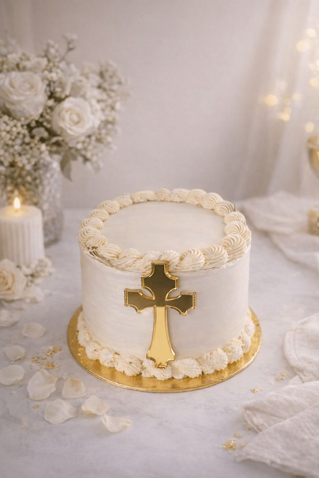 Cruz dorada metálica para decorar el frontal de la tarta, ideal para comunión, confirmación o evento religioso.