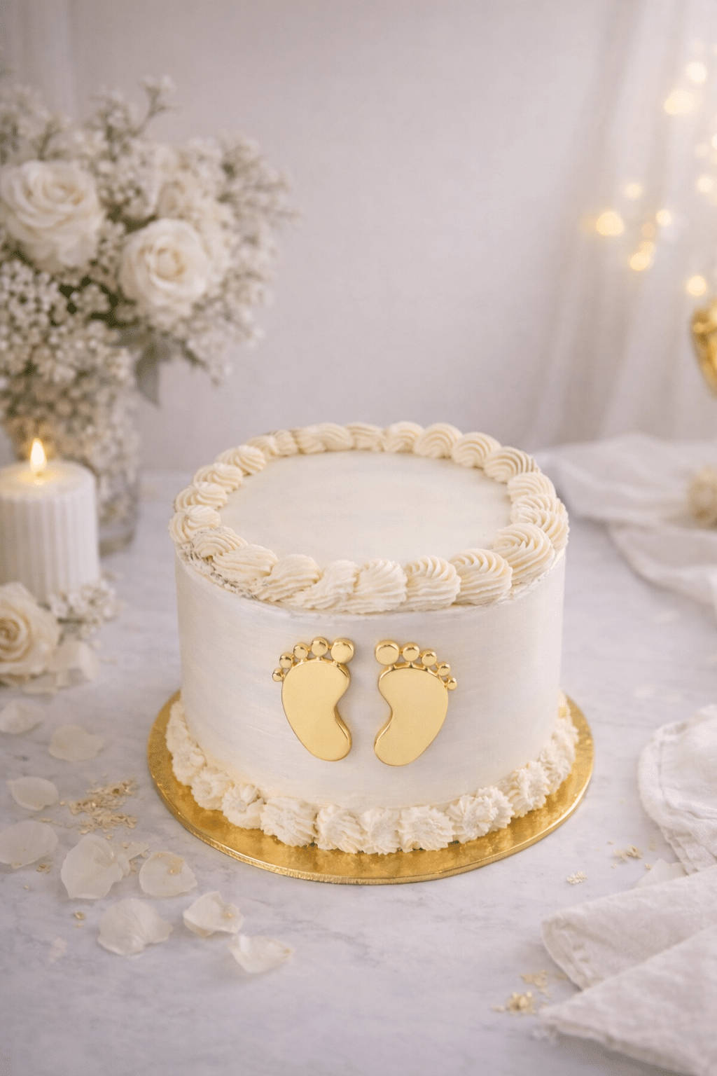 Decoración de huellas de bebé doradas para tarta, topper ideal para bautizo, nacimiento o celebración baby shower.