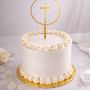 Topper dorado con cruz dentro de círculo para tarta de comunión, decoración religiosa elegante para celebraciones especiales.
