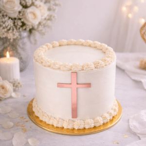 Cruz rosa metálica para decorar tarta de comunión, topper elegante ideal para celebración religiosa infantil.