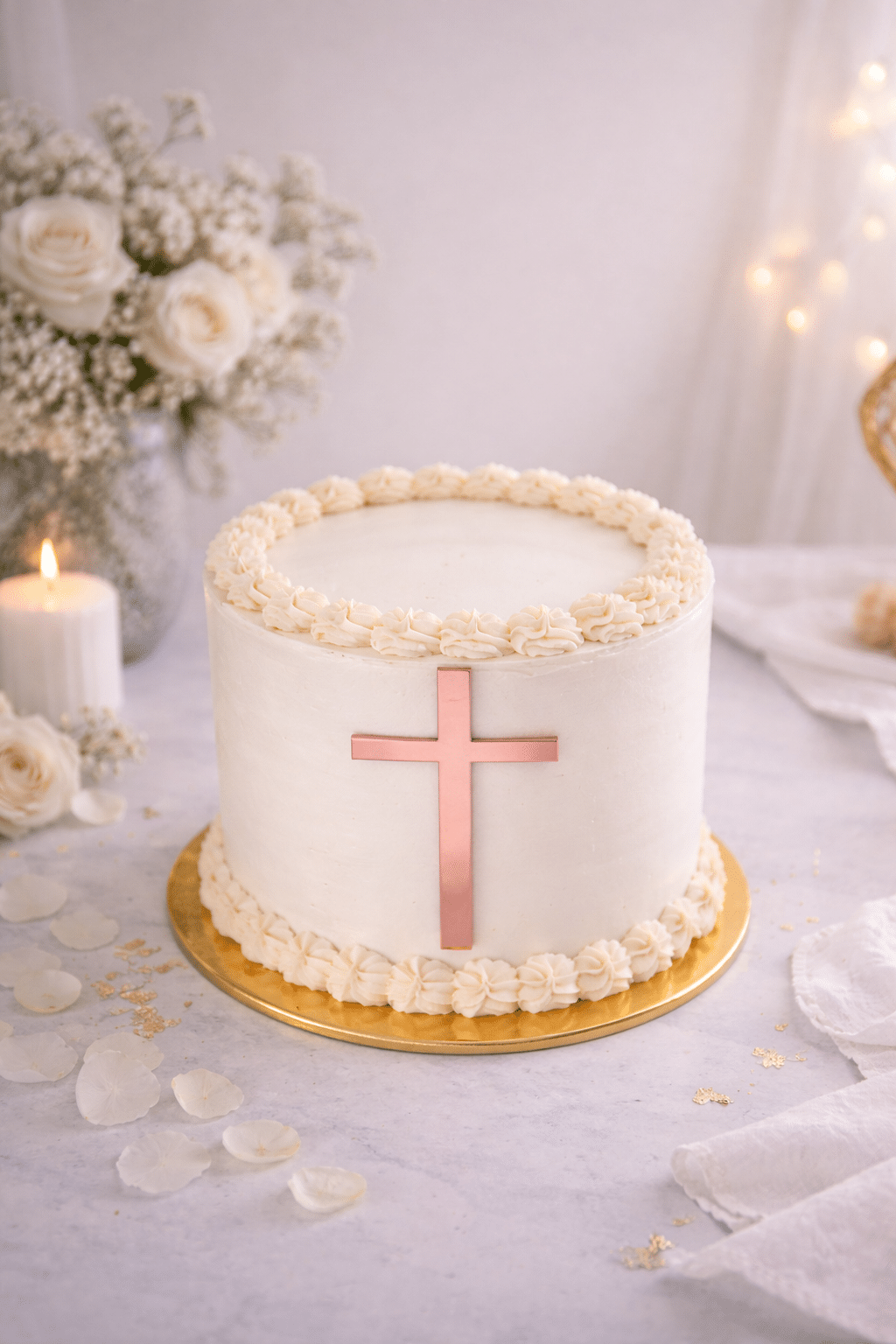 Cruz rosa metálica para decorar tarta de comunión, topper elegante ideal para celebración religiosa infantil.