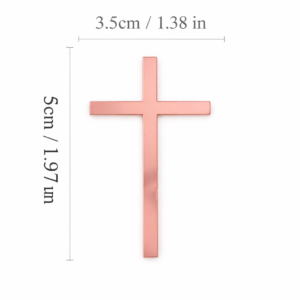 Cruz rosa metálica para decorar tarta de comunión, topper elegante ideal para celebración religiosa infantil.