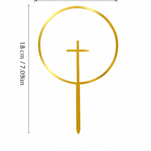 Topper dorado con cruz dentro de círculo para tarta de comunión, decoración religiosa elegante para celebraciones especiales.