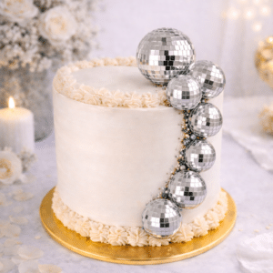 Topper de bolas disco plateadas para tarta, decoración original y brillante ideal para cumpleaños, fiestas temáticas y celebraciones.