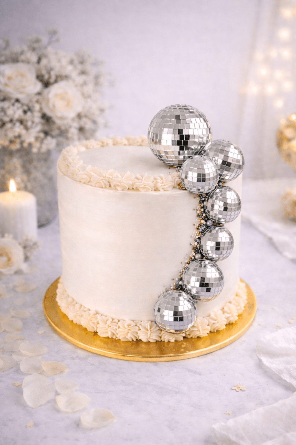 Topper de bolas disco plateadas para tarta, decoración original y brillante ideal para cumpleaños, fiestas temáticas y celebraciones.